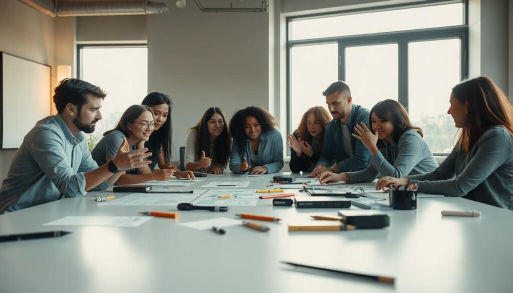 A diverse team of creatives gathered around a large, sleek table, engaged in a lively, collaborative process. The foreground features expressive hand gestures, sketches, and design tools scattered across the surface, conveying the energy of their ideation. The middle ground showcases the team members, their faces alight with inspiration, as they lean in and actively discuss their concepts. In the background, a large window floods the space with warm, natural light, creating a sense of openness and creativity. Subtle, muted tones set a contemplative, yet productive atmosphere, as the team navigates the "creative paradox" of protecting their vision while embracing constructive input. A diverse team of creatives gathered around a large, sleek table, engaged in a lively, collaborative process. The foreground features expressive hand gestures, sketches, and design tools scattered across the surface, conveying the energy of their ideation. The middle ground showcases the team members, their faces alight with inspiration, as they lean in and actively discuss their concepts. In the background, a large window floods the space with warm, natural light, creating a sense of openness and creativity. Subtle, muted tones set a contemplative, yet productive atmosphere, as the team navigates the "creative paradox" of protecting their vision while embracing constructive input.