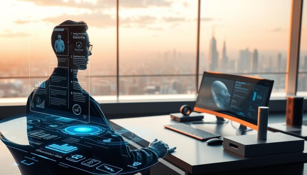 A futuristic scene showcasing the evolution of productivity. In the foreground, a holographic interface with seamlessly integrated virtual assistants and task management tools. The middle ground features a sleek, minimalist workspace with advanced tech peripherals. In the background, a panoramic view of a futuristic cityscape, hinting at the interconnectedness of work and life. Warm, diffused lighting casts a sense of effortless productivity, while a color palette of blues, greys, and metallic accents evokes a modern, innovative atmosphere. Emphasis on the harmonious integration of technology and human capability, shaping the "Rule of Three" for the productivity of tomorrow. A futuristic scene showcasing the evolution of productivity. In the foreground, a holographic interface with seamlessly integrated virtual assistants and task management tools. The middle ground features a sleek, minimalist workspace with advanced tech peripherals. In the background, a panoramic view of a futuristic cityscape, hinting at the interconnectedness of work and life. Warm, diffused lighting casts a sense of effortless productivity, while a color palette of blues, greys, and metallic accents evokes a modern, innovative atmosphere. Emphasis on the harmonious integration of technology and human capability, shaping the "Rule of Three" for the productivity of tomorrow.