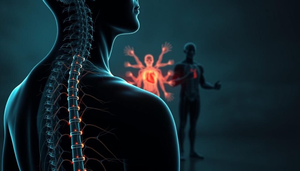 A high-contrast, detailed anatomical illustration of the autonomic nervous system's stress response mechanisms. In the foreground, the spinal cord and sympathetic nervous system pathways are prominently featured, with neural connections radiating outwards. In the middle ground, the adrenal glands are depicted, pulsing with activity as they release hormones like adrenaline and cortisol. In the background, a silhouetted human figure shows the widespread physiological effects, including dilated pupils, elevated heart rate, and increased blood flow. The scene is rendered in a moody, technical style using a muted color palette, with dramatic lighting and shadows to convey the visceral intensity of the stress response. A high-contrast, detailed anatomical illustration of the autonomic nervous system's stress response mechanisms. In the foreground, the spinal cord and sympathetic nervous system pathways are prominently featured, with neural connections radiating outwards. In the middle ground, the adrenal glands are depicted, pulsing with activity as they release hormones like adrenaline and cortisol. In the background, a silhouetted human figure shows the widespread physiological effects, including dilated pupils, elevated heart rate, and increased blood flow. The scene is rendered in a moody, technical style using a muted color palette, with dramatic lighting and shadows to convey the visceral intensity of the stress response.