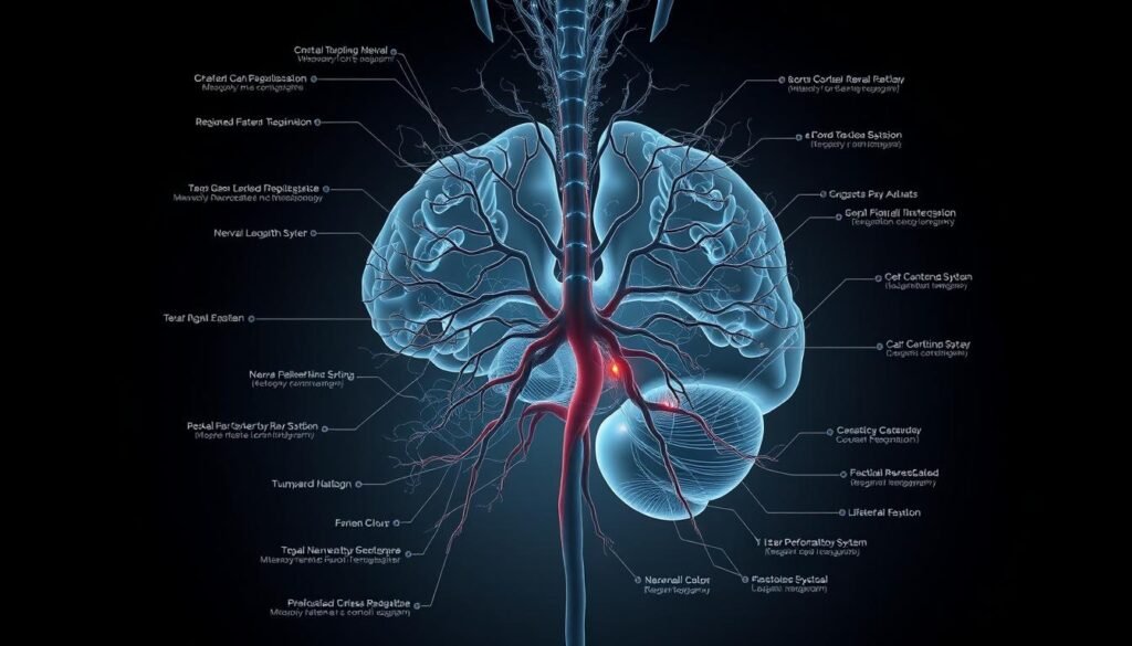 A highly detailed, anatomically accurate diagram showcasing the intricate pathways and mechanisms of the nervous system's role in emotional regulation. Rendered in a sleek, technical style with precise linework, smooth gradients, and a muted color palette to convey a sense of scientific profundity. The image depicts the complex interplay between the central and peripheral nervous systems, highlighting the key neural circuits, neurotransmitters, and feedback loops that modulate mood, stress response, and cognitive-emotional integration. The composition features a cutaway cross-section view to reveal the deep structures, while maintaining a sense of depth and visual balance. Soft, directional lighting casts subtle shadows to accentuate the dimensional forms, lending an authoritative, almost surgical aesthetic. The overall impression is one of deep physiological insight into the mechanisms underlying the body's remarkable capacity for emotional self-regulation.