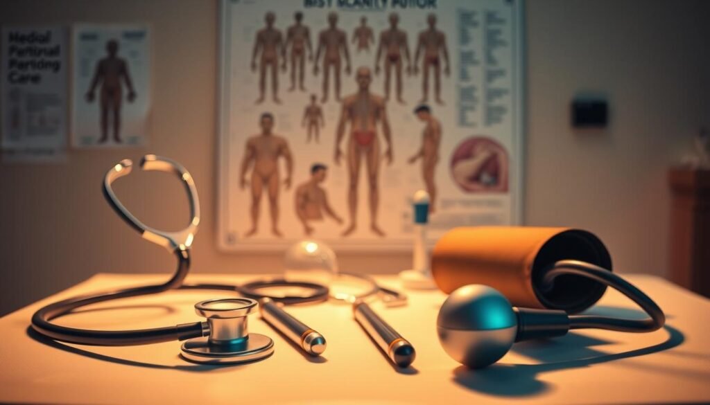 A medical examination table with various diagnostic tools neatly arranged on it, bathed in warm, soft lighting that highlights their intricate details. In the foreground, a stethoscope, thermometer, and blood pressure cuff stand ready to monitor vital signs. In the middle ground, a magnifying glass, reflex hammer, and tongue depressor suggest a thorough physical examination. The background features an anatomy chart, lending a sense of clinical expertise. The overall mood is one of care, attentiveness, and proactive health monitoring. A medical examination table with various diagnostic tools neatly arranged on it, bathed in warm, soft lighting that highlights their intricate details. In the foreground, a stethoscope, thermometer, and blood pressure cuff stand ready to monitor vital signs. In the middle ground, a magnifying glass, reflex hammer, and tongue depressor suggest a thorough physical examination. The background features an anatomy chart, lending a sense of clinical expertise. The overall mood is one of care, attentiveness, and proactive health monitoring.