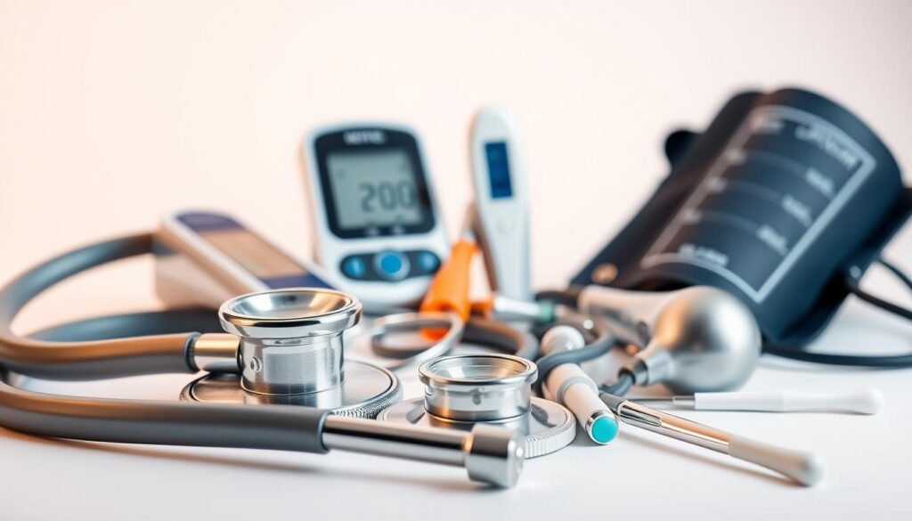 A meticulously curated still life arrangement showcases an array of medical self-diagnosis tools. In the foreground, a sleek, silver stethoscope, its coiled tubing reflecting the warm lighting. Beside it, a digital thermometer and a blood pressure cuff, their modern designs hinting at the technological advancements in personal health assessment. In the middle ground, a collection of diagnostic tools, including a magnifying glass, a tongue depressor, and a reflex hammer, symbolizing the foundational elements of self-evaluation. The background features a clean, minimalist backdrop, allowing the tools to take center stage and convey a sense of clinical precision and personal empowerment in the pursuit of self-diagnosis. A meticulously curated still life arrangement showcases an array of medical self-diagnosis tools. In the foreground, a sleek, silver stethoscope, its coiled tubing reflecting the warm lighting. Beside it, a digital thermometer and a blood pressure cuff, their modern designs hinting at the technological advancements in personal health assessment. In the middle ground, a collection of diagnostic tools, including a magnifying glass, a tongue depressor, and a reflex hammer, symbolizing the foundational elements of self-evaluation. The background features a clean, minimalist backdrop, allowing the tools to take center stage and convey a sense of clinical precision and personal empowerment in the pursuit of self-diagnosis.