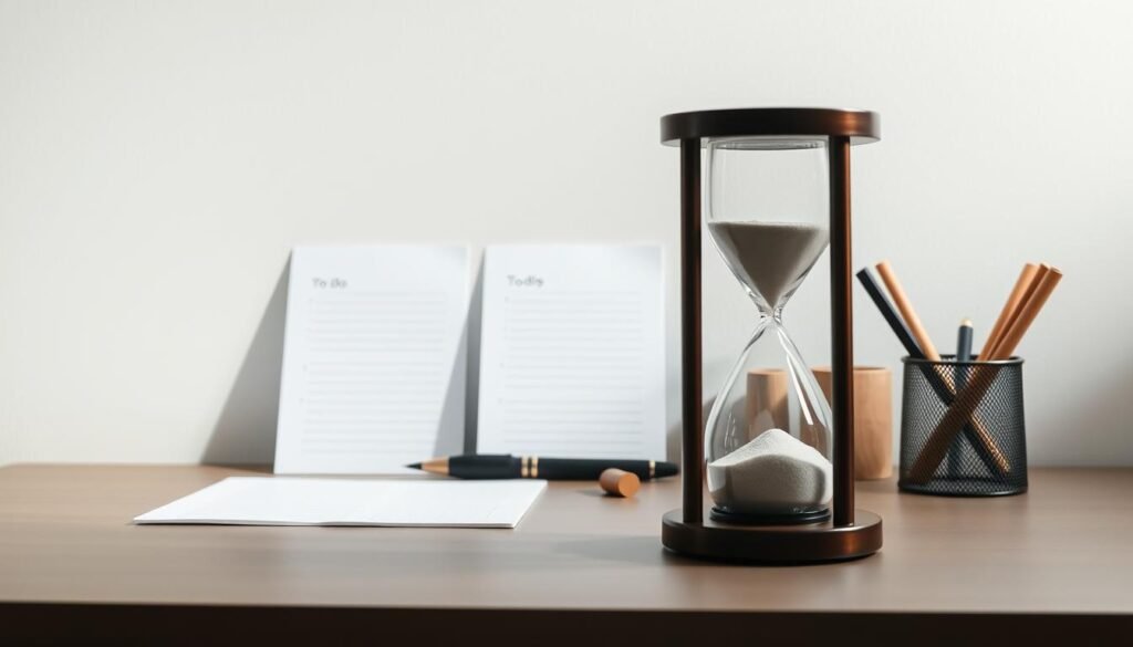 A minimalist desktop with a clean, modern design. In the foreground, a sleek hourglass symbolizes the efficient use of time. In the middle ground, a simple to-do list and a carefully curated set of stationery items suggest a streamlined approach to task management. The background features a soft, neutral-toned gradient, creating a sense of calm and focus. The lighting is natural and diffused, casting a subtle glow on the scene. The overall mood is one of intentionality, organization, and a zen-like approach to productivity. A minimalist desktop with a clean, modern design. In the foreground, a sleek hourglass symbolizes the efficient use of time. In the middle ground, a simple to-do list and a carefully curated set of stationery items suggest a streamlined approach to task management. The background features a soft, neutral-toned gradient, creating a sense of calm and focus. The lighting is natural and diffused, casting a subtle glow on the scene. The overall mood is one of intentionality, organization, and a zen-like approach to productivity.