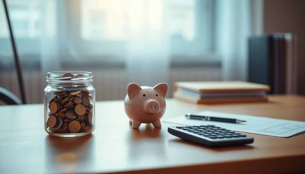 A modern office desk with a minimalist design, featuring a laptop, a pen and paper, and a jar of coins. The lighting is soft and warm, creating a cozy atmosphere. In the middle ground, a piggy bank and a calculator symbolize budgeting and savings. The background is blurred, emphasizing the focus on the desk and its financial tools. The overall composition conveys a sense of organization, control, and a solid foundation for short-term money management. A modern office desk with a minimalist design, featuring a laptop, a pen and paper, and a jar of coins. The lighting is soft and warm, creating a cozy atmosphere. In the middle ground, a piggy bank and a calculator symbolize budgeting and savings. The background is blurred, emphasizing the focus on the desk and its financial tools. The overall composition conveys a sense of organization, control, and a solid foundation for short-term money management.