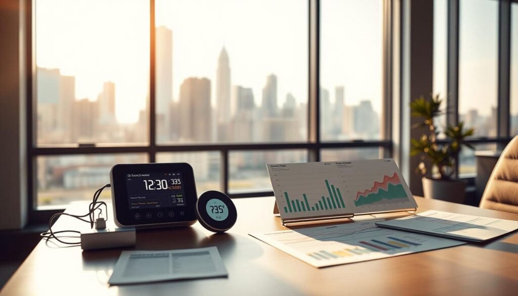 A modern office workspace with a large window overlooking a city skyline. On the desk, various energy tracking devices are displayed, including a digital energy meter, a smart thermostat, and a set of data visualization charts. The lighting is warm and natural, with sunlight streaming in through the window. The atmosphere is one of focus and efficiency, with a clean, minimalist design aesthetic. The scene conveys the idea of actively monitoring and optimizing energy usage within a professional setting. A modern office workspace with a large window overlooking a city skyline. On the desk, various energy tracking devices are displayed, including a digital energy meter, a smart thermostat, and a set of data visualization charts. The lighting is warm and natural, with sunlight streaming in through the window. The atmosphere is one of focus and efficiency, with a clean, minimalist design aesthetic. The scene conveys the idea of actively monitoring and optimizing energy usage within a professional setting.