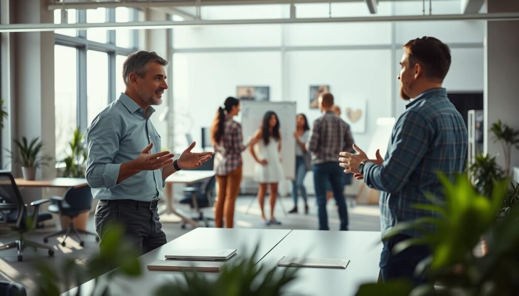 A modern open-office setting, bathed in soft, diffused natural light filtering through large windows. In the foreground, two colleagues engaged in a constructive discussion, gesturing animatedly yet maintaining an air of professionalism and mutual understanding. In the middle ground, a team huddle taking place, with team members collaborating on a shared whiteboard, actively listening and exchanging ideas. The background subtly depicts various productivity-enhancing elements, such as ergonomic furniture, plants, and inspirational wall art, creating an atmosphere of creative problem-solving and continuous learning. The overall scene conveys a workplace culture that values open communication, conflict resolution, and a growth mindset.