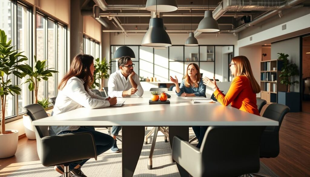 A modern open-office setting with a team of professionals collaborating around a sleek conference table. Three team members are engaged in a lively discussion, gesturing animatedly. The lighting is warm and natural, filtering through large windows. The space is designed with clean lines, minimal decor, and pops of color in accessories. A sense of productivity and unity permeates the scene, reflecting how the Rule of Three can be seamlessly incorporated into team workflows for enhanced collaboration and efficiency. A modern open-office setting with a team of professionals collaborating around a sleek conference table. Three team members are engaged in a lively discussion, gesturing animatedly. The lighting is warm and natural, filtering through large windows. The space is designed with clean lines, minimal decor, and pops of color in accessories. A sense of productivity and unity permeates the scene, reflecting how the Rule of Three can be seamlessly incorporated into team workflows for enhanced collaboration and efficiency.