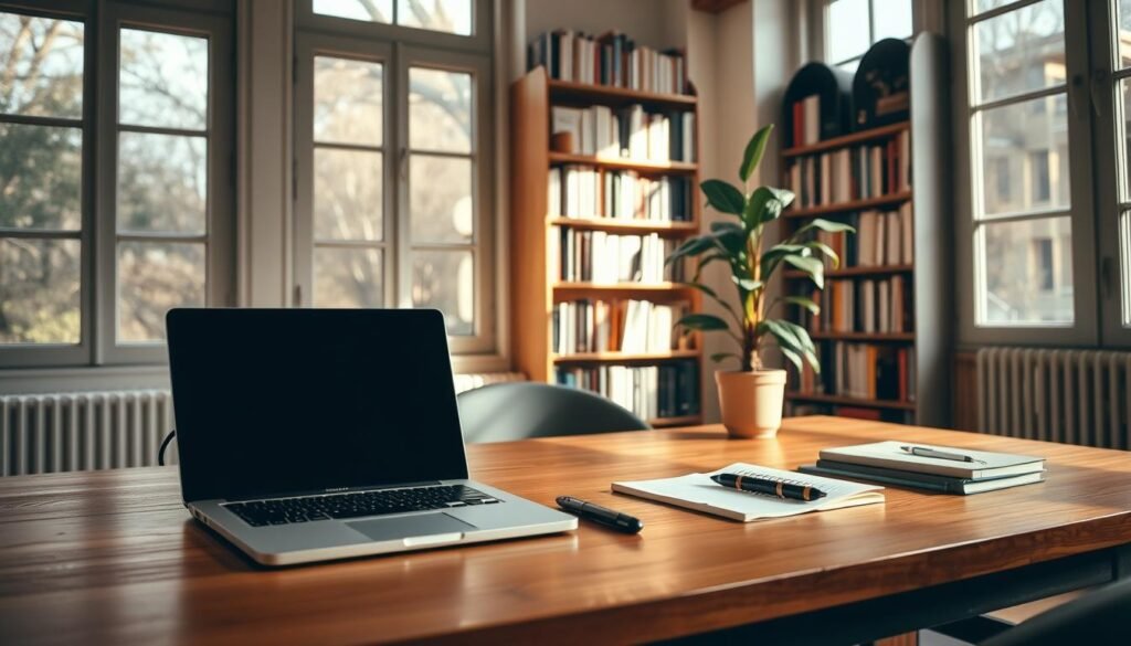 A neatly organized workspace with a laptop, notebook, and pen on a wooden desk. Sunlight filters through large windows, casting a warm, focused glow. In the background, a bookshelf filled with various volumes and a potted plant add depth and texture. The setup is minimalist yet inviting, conveying a sense of productivity and mindfulness. The frame captures the scene in a classic, photographic style with a slightly wide-angle lens, highlighting the harmonious balance of the elements. This image evokes the essence of the "Five-Minute Setup Habit" - a simple, intentional routine that can foster focus, creativity, and a sense of control in different contexts. A neatly organized workspace with a laptop, notebook, and pen on a wooden desk. Sunlight filters through large windows, casting a warm, focused glow. In the background, a bookshelf filled with various volumes and a potted plant add depth and texture. The setup is minimalist yet inviting, conveying a sense of productivity and mindfulness. The frame captures the scene in a classic, photographic style with a slightly wide-angle lens, highlighting the harmonious balance of the elements. This image evokes the essence of the "Five-Minute Setup Habit" - a simple, intentional routine that can foster focus, creativity, and a sense of control in different contexts.