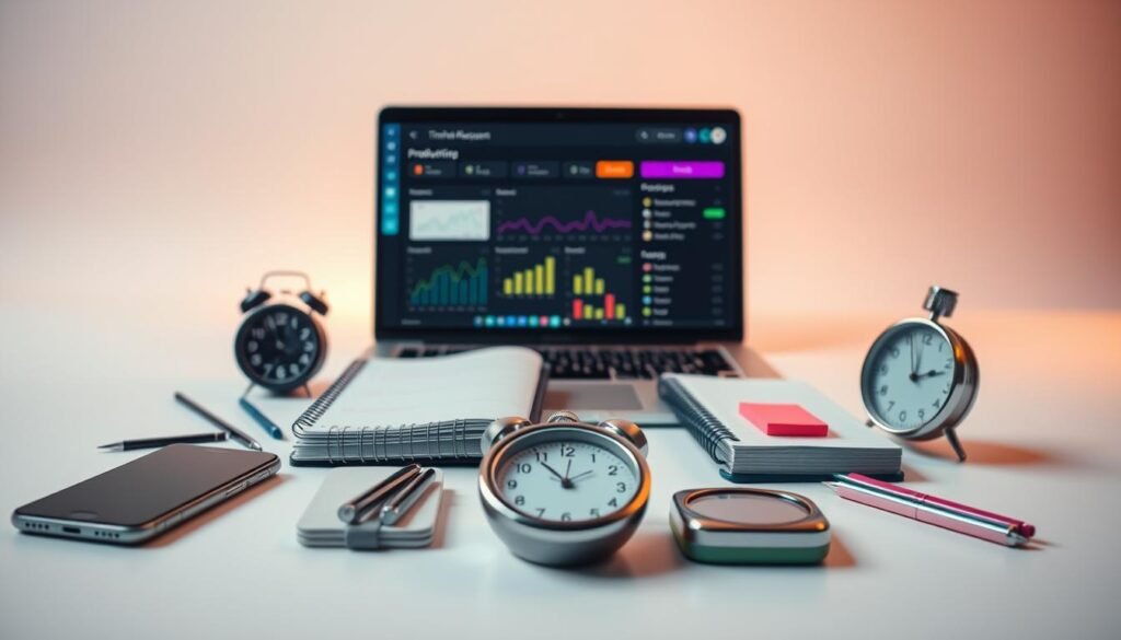 A professional, well-designed time management assessment tool set against a clean, minimalist background. In the foreground, various digital and analog organizational aids are neatly arranged, including a sleek smartphone, a classic paper planner, a desktop timer, and a series of colorful sticky notes. The middle ground features a laptop displaying a productivity app dashboard, with productivity metrics and scheduling elements. The background is a soft, muted gradient, suggesting a serene, focused environment conducive to self-reflection and analysis. Warm, directional lighting highlights the tools, creating a sense of clarity and intentionality. The overall composition conveys a balanced, efficient approach to time management assessment.
