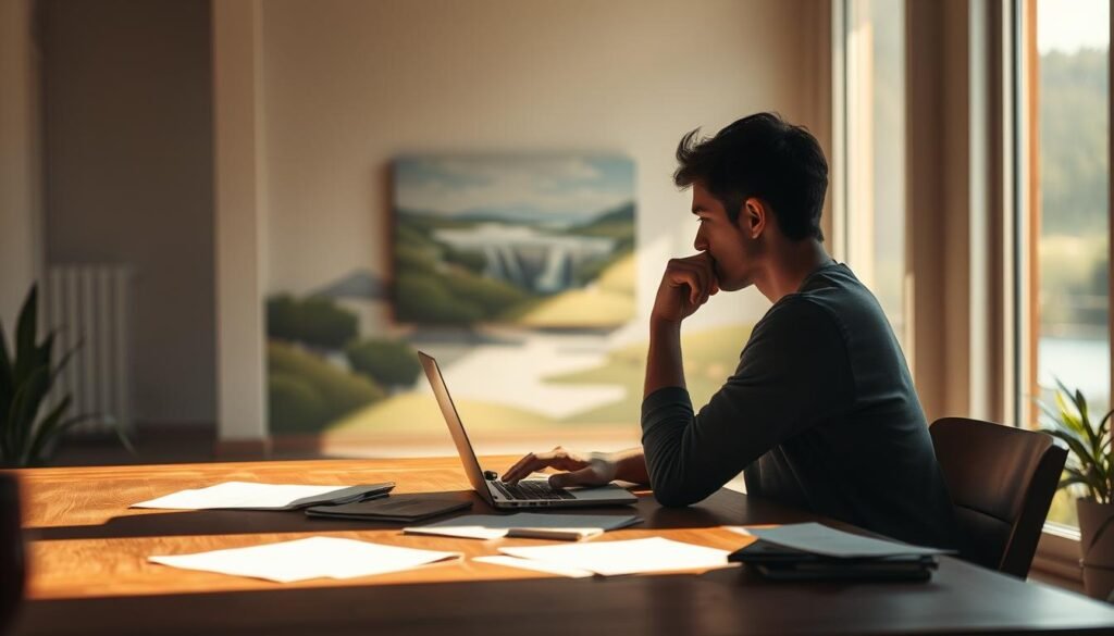 A serene, contemplative scene depicting the interconnection between deep work and creativity. In the foreground, a person sits at a wooden desk, lost in focused thought, a laptop and scattered notes before them. Soft, warm lighting illuminates the scene, casting gentle shadows. In the middle ground, an artistic mural or painting emerges, hinting at the creative insights born from the deep work process. The background features a tranquil, nature-inspired landscape, with lush greenery and a calming body of water, symbolizing the rejuvenation that follows periods of intense mental focus. The overall mood is one of harmony, balance, and the synergy between disciplined concentration and imaginative expression. A serene, contemplative scene depicting the interconnection between deep work and creativity. In the foreground, a person sits at a wooden desk, lost in focused thought, a laptop and scattered notes before them. Soft, warm lighting illuminates the scene, casting gentle shadows. In the middle ground, an artistic mural or painting emerges, hinting at the creative insights born from the deep work process. The background features a tranquil, nature-inspired landscape, with lush greenery and a calming body of water, symbolizing the rejuvenation that follows periods of intense mental focus. The overall mood is one of harmony, balance, and the synergy between disciplined concentration and imaginative expression.