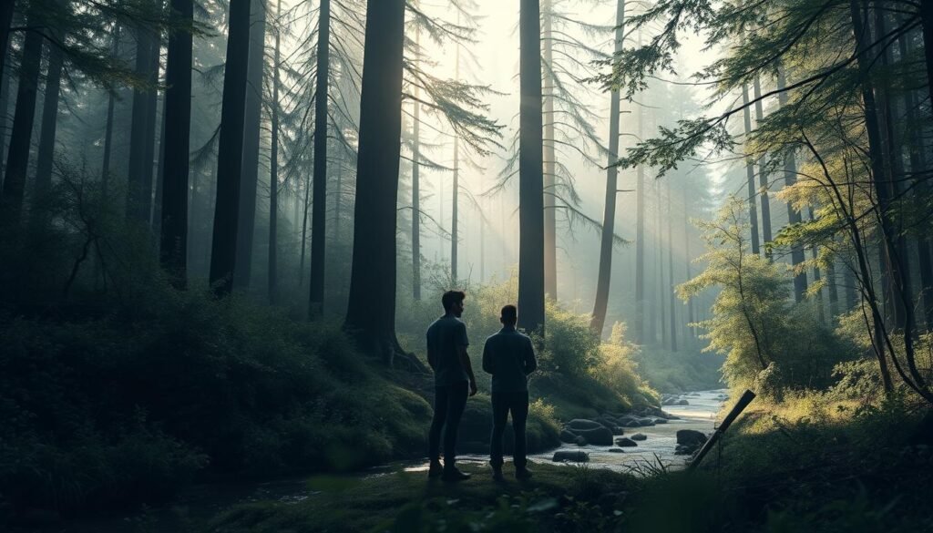 A serene forest landscape, with towering trees and a gentle stream cutting through the undergrowth. In the foreground, two figures stand in contemplation, one representing the innate, the other the environmental. The lighting is soft and diffused, creating a contemplative atmosphere. The scene is captured from a mid-distance, with a shallow depth of field that draws the viewer's focus to the central figures. The overall mood is one of thoughtful introspection, as the two perspectives on human development converge in this natural setting.
