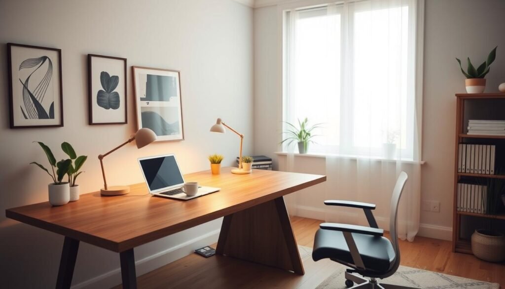 A serene home office with a large wooden desk, a warm desk lamp, and a comfortable ergonomic chair. On the desk, a laptop, a cup of coffee, and a small potted plant create a cozy, focused atmosphere. The walls are adorned with minimalist artwork, exuding a sense of calm and productivity. Through a large window, the soft glow of natural light filters in, creating a tranquil and rejuvenating work environment. A sense of order and control pervades the scene, symbolizing the strategies employed to protect one's mental workspace and optimize focus and productivity.