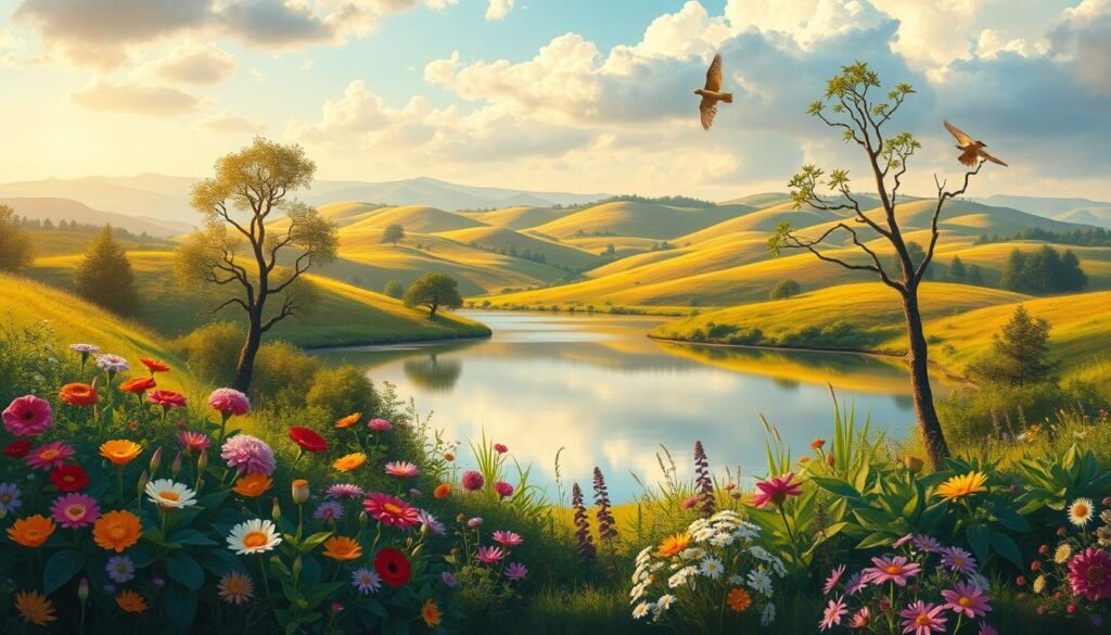 A serene landscape showcasing the interconnectedness of emotional health and psychological wellness. In the foreground, a lush garden of vibrant flowers and verdant foliage, symbolizing the flourishing of the mind. In the middle ground, a tranquil pond reflects the sky, mirroring the harmony between the inner and outer worlds. The background features rolling hills bathed in warm, golden light, conveying a sense of expansiveness and possibility. The overall scene is infused with a calming, contemplative atmosphere, inviting the viewer to pause and appreciate the multifaceted nature of mental well-being. A serene landscape showcasing the interconnectedness of emotional health and psychological wellness. In the foreground, a lush garden of vibrant flowers and verdant foliage, symbolizing the flourishing of the mind. In the middle ground, a tranquil pond reflects the sky, mirroring the harmony between the inner and outer worlds. The background features rolling hills bathed in warm, golden light, conveying a sense of expansiveness and possibility. The overall scene is infused with a calming, contemplative atmosphere, inviting the viewer to pause and appreciate the multifaceted nature of mental well-being.