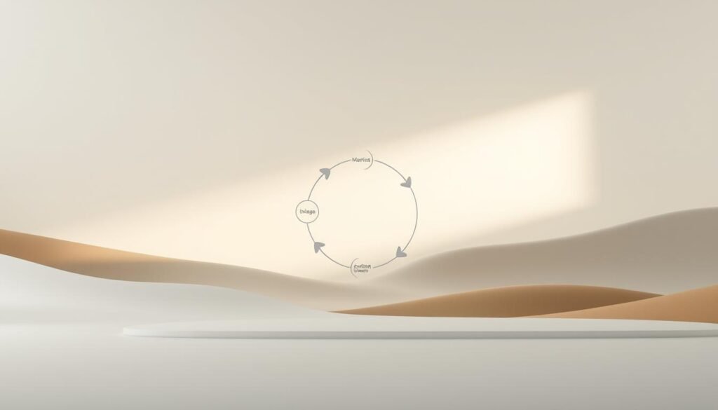 A serene, minimalist visualization of an adaptive project management framework. In the foreground, a clean, geometric diagram depicting a cyclical process with interconnected stages. Mid-ground features smooth, neutral-toned surfaces and shapes, conveying a sense of balance and structure. The background is bathed in soft, diffused lighting, creating an atmosphere of tranquility and focus. Subtle hints of muted earth tones complement the overall aesthetic, evoking a feeling of stability and resilience. The composition emphasizes simplicity, order, and the iterative nature of the framework, inviting the viewer to engage with the conceptual underpinnings of the subject matter.