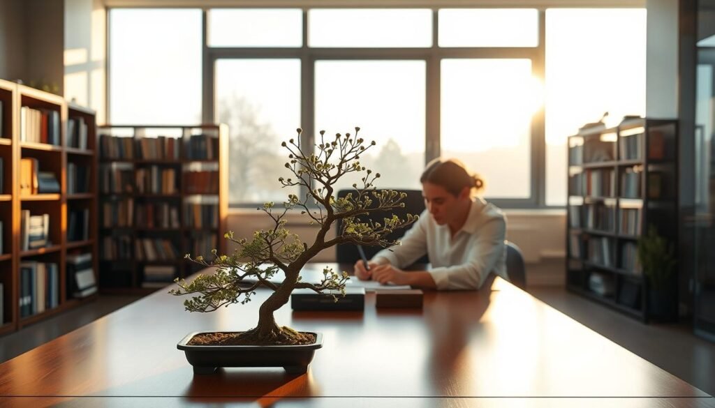 A serene office setting with a person sitting at a desk, deeply focused on a task. Soft natural lighting filters through large windows, casting a warm glow. On the desk, a visual metaphor for self-regulation - a small bonsai tree, its branches gently swaying, representing the person's inner balance and control. Bookshelves line the walls, hinting at the individual's pursuit of knowledge and personal growth. The overall atmosphere is one of calm, contemplation, and the steady development of emotional intelligence skills.
