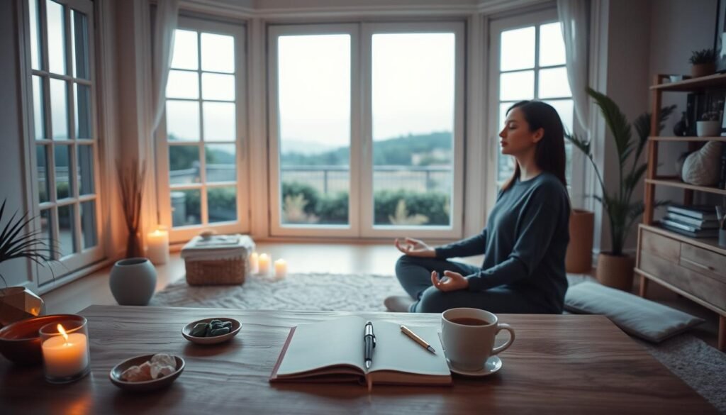 A serene study adorned with minimalist decor, soft lighting casting a warm glow. In the foreground, a person seated in a comfortable meditation pose, eyes closed, hands resting gently on their lap. Surrounding them, assorted mindfulness objects like a candle, incense, and a small bowl of crystals. In the middle ground, a simple wooden table with a journal, pen, and a cup of herbal tea. The background features a tranquil landscape viewed through large windows, perhaps a garden or a peaceful natural setting. The overall atmosphere is one of calm, introspection, and purposeful relaxation, ideal for an evening routine focused on mindfulness. A serene study adorned with minimalist decor, soft lighting casting a warm glow. In the foreground, a person seated in a comfortable meditation pose, eyes closed, hands resting gently on their lap. Surrounding them, assorted mindfulness objects like a candle, incense, and a small bowl of crystals. In the middle ground, a simple wooden table with a journal, pen, and a cup of herbal tea. The background features a tranquil landscape viewed through large windows, perhaps a garden or a peaceful natural setting. The overall atmosphere is one of calm, introspection, and purposeful relaxation, ideal for an evening routine focused on mindfulness.