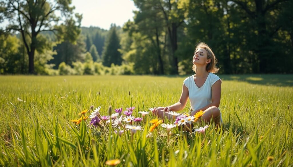A serene, sun-dappled meadow stretches out, its lush green grass swaying gently in the warm breeze. In the foreground, a person sits cross-legged, eyes closed, their face radiating a sense of deep contemplation and inner peace. Surrounding them, a circle of vibrant wildflowers in hues of purple, yellow, and white bloom, symbolizing the long-term growth and flourishing that comes from the regular practice of the Two-Hour Daily Deep Work Method. In the distance, a verdant forest rises up, its towering trees casting dappled shadows across the scene, suggesting the lasting impact and far-reaching effects of this transformative approach to work and life. A serene, sun-dappled meadow stretches out, its lush green grass swaying gently in the warm breeze. In the foreground, a person sits cross-legged, eyes closed, their face radiating a sense of deep contemplation and inner peace. Surrounding them, a circle of vibrant wildflowers in hues of purple, yellow, and white bloom, symbolizing the long-term growth and flourishing that comes from the regular practice of the Two-Hour Daily Deep Work Method. In the distance, a verdant forest rises up, its towering trees casting dappled shadows across the scene, suggesting the lasting impact and far-reaching effects of this transformative approach to work and life.
