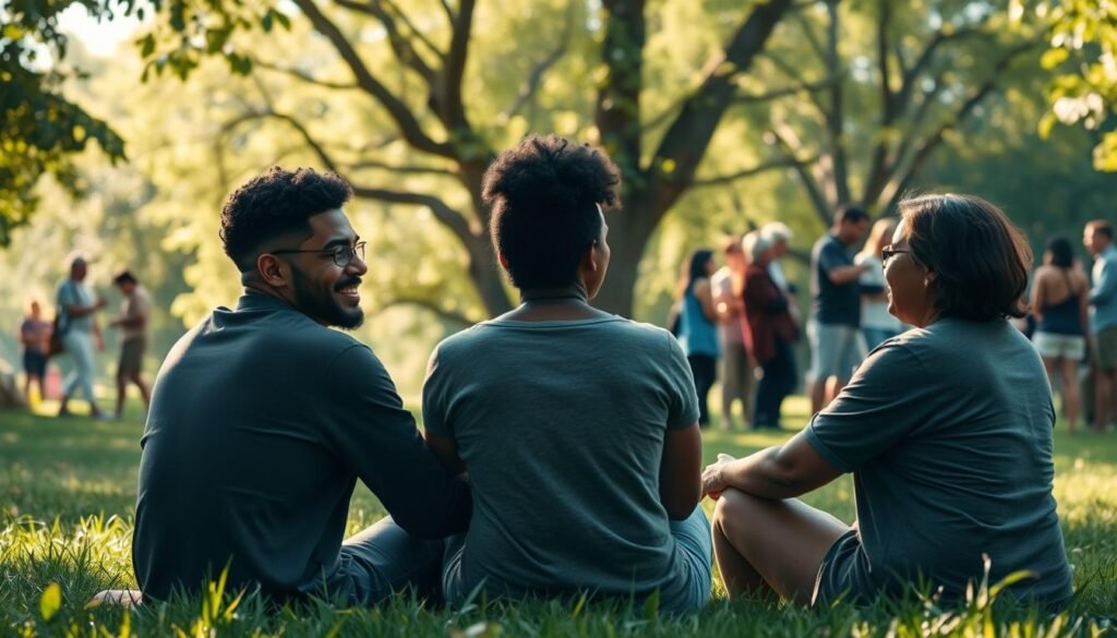 A serene, sun-dappled scene of a group of diverse individuals gathered in a lush, verdant park. In the foreground, three people sit in a relaxed circle, engaged in animated conversation, their expressions open and supportive. In the middle ground, a couple embraces, drawing strength and comfort from each other's presence. In the background, a larger group mingles, their body language suggesting a sense of community and mutual understanding. Warm, soft lighting filters through the canopy of trees, creating a cozy, inviting atmosphere that reflects the theme of social connection and mental resilience.