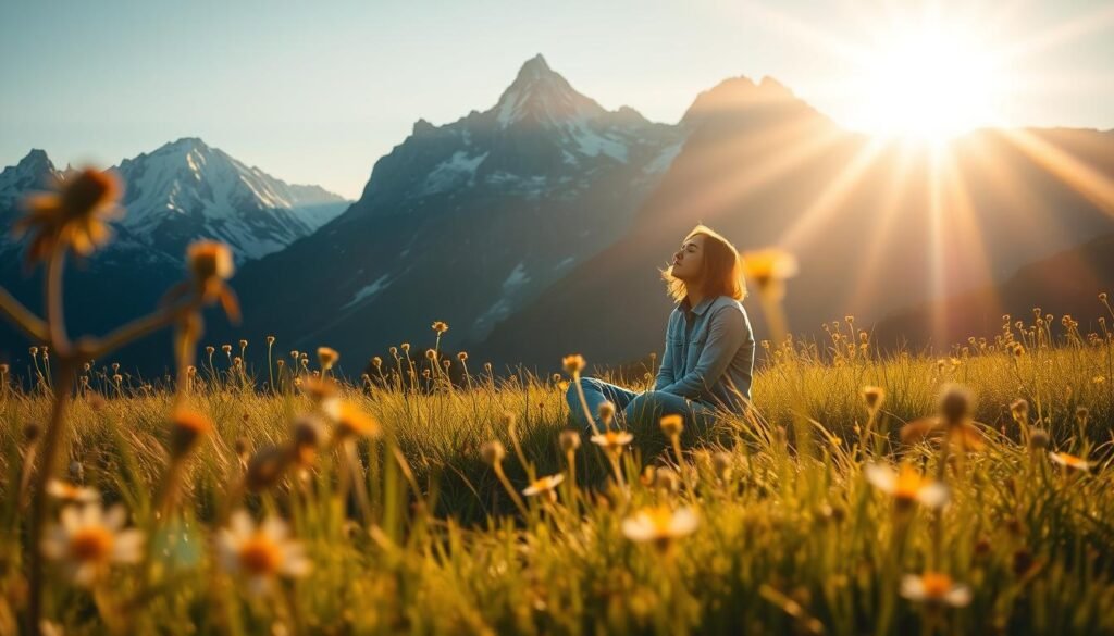 A serene, sunlit meadow with swaying wildflowers in the foreground. In the middle ground, a person sitting cross-legged, eyes closed, exuding an aura of calm and focus. Behind them, towering mountains with snow-capped peaks, symbolizing the peaks and valleys of life's challenges. Rays of warm, golden light filter through the scene, creating a sense of tranquility and resilience. The overall atmosphere is one of inner peace, balance, and the ability to adapt and grow through adversity. A serene, sunlit meadow with swaying wildflowers in the foreground. In the middle ground, a person sitting cross-legged, eyes closed, exuding an aura of calm and focus. Behind them, towering mountains with snow-capped peaks, symbolizing the peaks and valleys of life's challenges. Rays of warm, golden light filter through the scene, creating a sense of tranquility and resilience. The overall atmosphere is one of inner peace, balance, and the ability to adapt and grow through adversity.