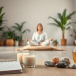 A serene, well-lit studio space with soft, natural lighting filtering through large windows. In the foreground, a calming array of self-care items - a journal, a soothing scented candle, a cup of herbal tea, and a collection of crystals and stones. In the middle ground, a person sitting cross-legged on a plush meditation cushion, eyes closed, deep in a state of mindfulness. The background is filled with lush, verdant plants and a tranquil, minimalist aesthetic, conveying a sense of balance, restoration, and holistic wellness.