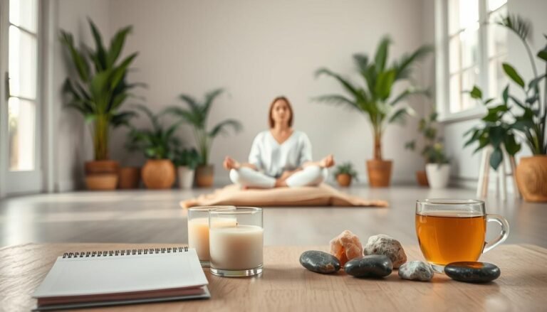 A serene, well-lit studio space with soft, natural lighting filtering through large windows. In the foreground, a calming array of self-care items - a journal, a soothing scented candle, a cup of herbal tea, and a collection of crystals and stones. In the middle ground, a person sitting cross-legged on a plush meditation cushion, eyes closed, deep in a state of mindfulness. The background is filled with lush, verdant plants and a tranquil, minimalist aesthetic, conveying a sense of balance, restoration, and holistic wellness.