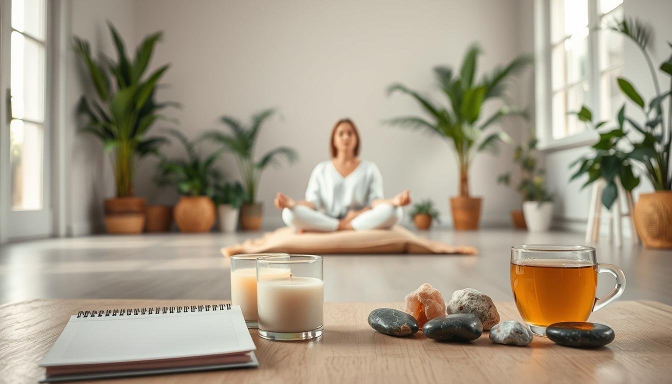 A serene, well-lit studio space with soft, natural lighting filtering through large windows. In the foreground, a calming array of self-care items - a journal, a soothing scented candle, a cup of herbal tea, and a collection of crystals and stones. In the middle ground, a person sitting cross-legged on a plush meditation cushion, eyes closed, deep in a state of mindfulness. The background is filled with lush, verdant plants and a tranquil, minimalist aesthetic, conveying a sense of balance, restoration, and holistic wellness.