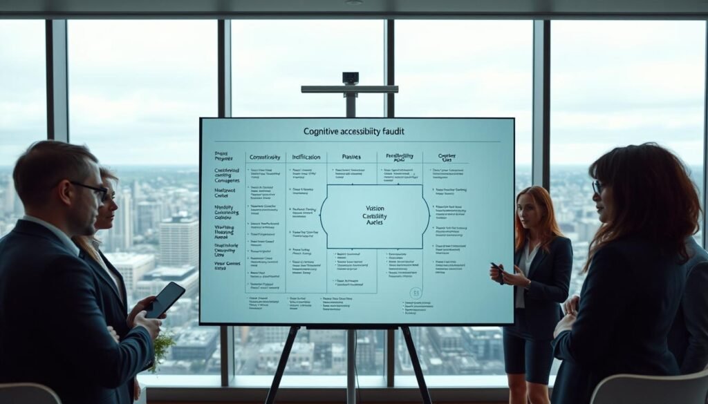 A sleek, modern office space with a large whiteboard or digital display in the foreground. On the whiteboard, a detailed cognitive accessibility audit framework is diagrammed, with clear sections, icons, and annotations. In the middle ground, a group of professionals in business casual attire are engaged in a collaborative discussion, examining the framework and taking notes. The background features a panoramic view of the cityscape outside the office windows, with a warm, diffused lighting creating a productive and thoughtful atmosphere. A sleek, modern office space with a large whiteboard or digital display in the foreground. On the whiteboard, a detailed cognitive accessibility audit framework is diagrammed, with clear sections, icons, and annotations. In the middle ground, a group of professionals in business casual attire are engaged in a collaborative discussion, examining the framework and taking notes. The background features a panoramic view of the cityscape outside the office windows, with a warm, diffused lighting creating a productive and thoughtful atmosphere.