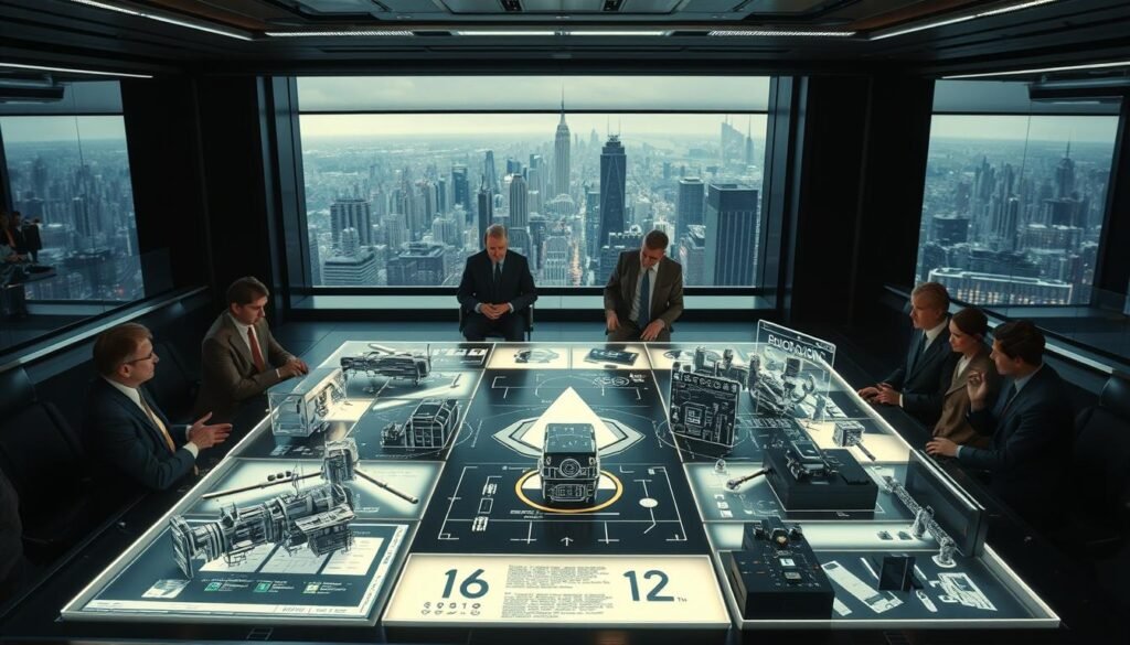 A strategic war room with a large, illuminated table at the center. On the table, various holographic displays and interactive models depicting complex problem-solving mechanisms. In the foreground, a team of professionals in business attire engaged in intense discussion, gesturing towards the displays. The mood is focused and intense, with subtle lighting accentuating the gravity of the situation. In the background, a panoramic view of a futuristic cityscape, hinting at the broader context and implications of the problem-solving process. A strategic war room with a large, illuminated table at the center. On the table, various holographic displays and interactive models depicting complex problem-solving mechanisms. In the foreground, a team of professionals in business attire engaged in intense discussion, gesturing towards the displays. The mood is focused and intense, with subtle lighting accentuating the gravity of the situation. In the background, a panoramic view of a futuristic cityscape, hinting at the broader context and implications of the problem-solving process.