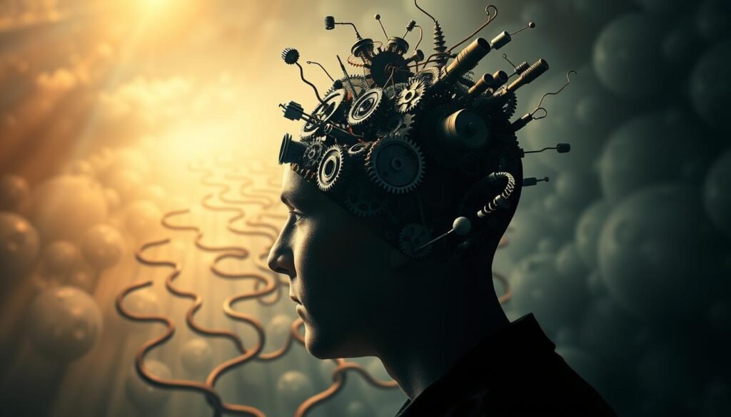 A surreal, thought-provoking illustration of the creative thinking misconceptions. In the foreground, a person's head is cracked open, revealing a jumble of gears, cogs, and mechanical elements, symbolizing the common misunderstanding that creativity is a purely logical, analytical process. In the middle ground, a maze of twisting, abstract pathways represents the nonlinear, intuitive nature of creative thinking. The background is bathed in a soft, dreamlike glow, evoking the subconscious, emotional aspects of creativity. The lighting is dramatic, with shadows and highlights emphasizing the contrast between the rational and the imaginative. The overall composition is balanced and harmonious, conveying the idea that true creativity emerges from the integration of the analytical and the intuitive. A surreal, thought-provoking illustration of the creative thinking misconceptions. In the foreground, a person's head is cracked open, revealing a jumble of gears, cogs, and mechanical elements, symbolizing the common misunderstanding that creativity is a purely logical, analytical process. In the middle ground, a maze of twisting, abstract pathways represents the nonlinear, intuitive nature of creative thinking. The background is bathed in a soft, dreamlike glow, evoking the subconscious, emotional aspects of creativity. The lighting is dramatic, with shadows and highlights emphasizing the contrast between the rational and the imaginative. The overall composition is balanced and harmonious, conveying the idea that true creativity emerges from the integration of the analytical and the intuitive.