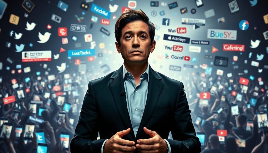 A thought-provoking news broadcast set against a backdrop of swirling social media platforms. In the foreground, a news anchor stands resolute, their face a portrait of concern as they deliver the latest headlines. Surrounding them, a dynamic interplay of scrolling news tickers, trending hashtags, and flashing notification icons. In the middle ground, a sea of smartphone screens, each displaying a different narrative, creating a cacophony of competing perspectives. The background fades into a hazy blur, suggesting the overwhelming volume of information that permeates our lives. The lighting is somber, casting dramatic shadows that highlight the gravity of the subject matter. The overall atmosphere conveys the powerful influence that media and news wield in shaping public perception and discourse.