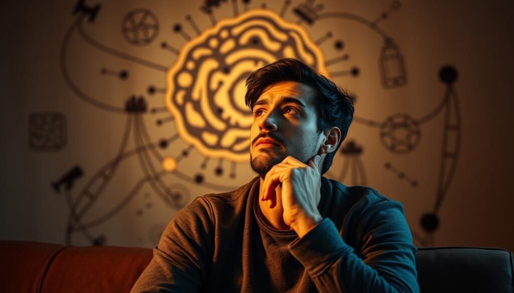A thoughtful individual sits in contemplation, surrounded by a swirling tapestry of thoughts and emotions. Warm, gentle lighting illuminates their face, revealing a pensive expression as they reframe their mental narrative. In the background, abstract shapes and symbols represent the power of perspective-shifting, guiding the viewer towards a deeper understanding of the therapeutic approaches to thought transformation. The composition is balanced, with a sense of tranquility and introspection pervading the scene. A thoughtful individual sits in contemplation, surrounded by a swirling tapestry of thoughts and emotions. Warm, gentle lighting illuminates their face, revealing a pensive expression as they reframe their mental narrative. In the background, abstract shapes and symbols represent the power of perspective-shifting, guiding the viewer towards a deeper understanding of the therapeutic approaches to thought transformation. The composition is balanced, with a sense of tranquility and introspection pervading the scene.