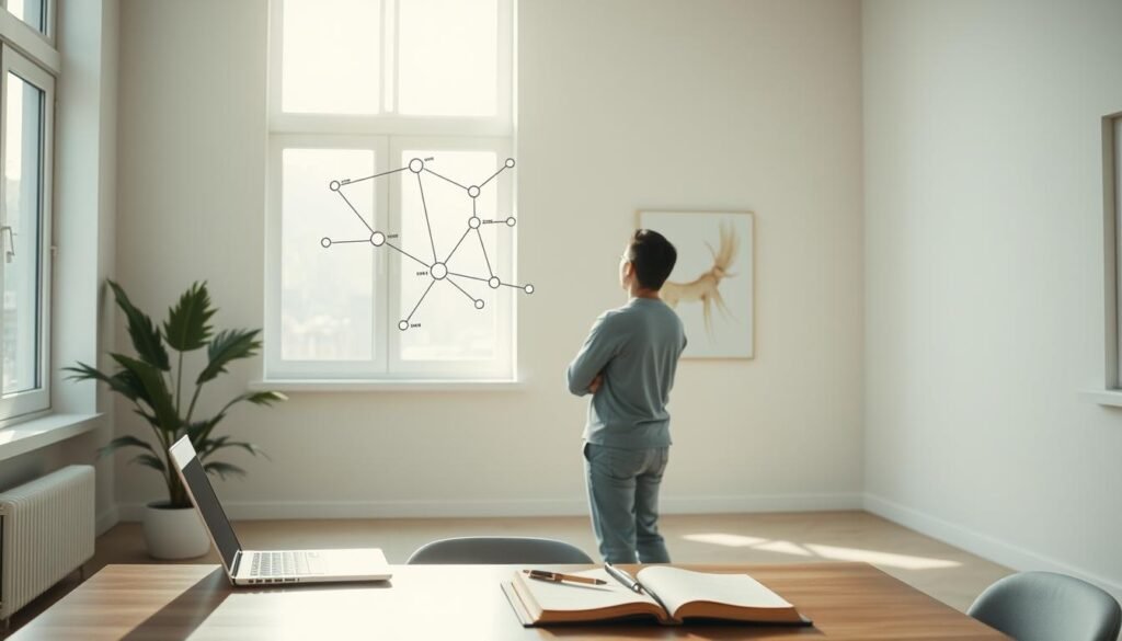 A thoughtful individual stands amid a serene, minimalist interior, contemplating a series of interconnected nodes and pathways representing their personal development strategies. Soft, natural lighting filters through large windows, creating a sense of tranquility. In the foreground, a desk with a laptop and a journal symbolize the review and documentation process. The background features a clean, uncluttered wall with a simple, abstract art piece, hinting at the importance of simplicity and focus in sustainable growth. The overall atmosphere conveys a balance between introspection and practical application, reflecting the fragility and resilience of personal development systems.