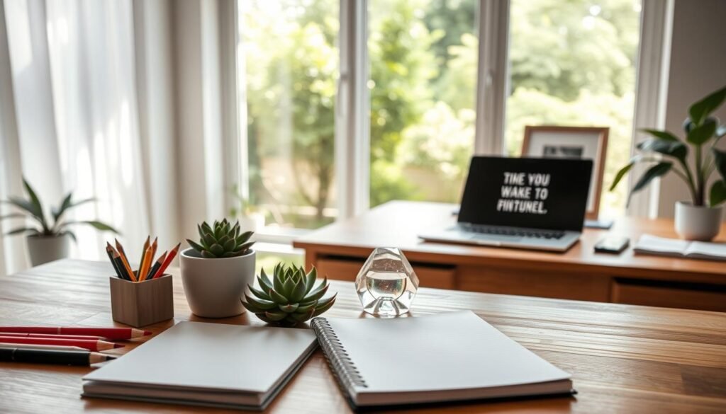 A tranquil and serene home office, filled with natural light and a calming, minimalist aesthetic. In the foreground, an array of well-organized tools and accessories – a sleek notebook, a set of colored pens, a succulent plant, and a polished crystal paperweight. In the middle ground, a large, wooden desk with clean lines, upon which rests a laptop and a framed motivational quote. The background features a large window overlooking a lush, green garden, with soft, diffused sunlight streaming in, creating a warm and inviting atmosphere. The overall mood is one of focus, productivity, and a positive, empowered mindset. A tranquil and serene home office, filled with natural light and a calming, minimalist aesthetic. In the foreground, an array of well-organized tools and accessories – a sleek notebook, a set of colored pens, a succulent plant, and a polished crystal paperweight. In the middle ground, a large, wooden desk with clean lines, upon which rests a laptop and a framed motivational quote. The background features a large window overlooking a lush, green garden, with soft, diffused sunlight streaming in, creating a warm and inviting atmosphere. The overall mood is one of focus, productivity, and a positive, empowered mindset.