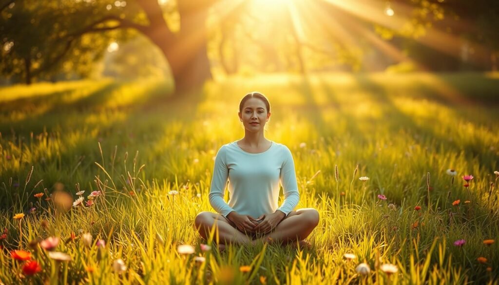 A tranquil, sun-dappled meadow, lush with verdant grasses and vibrant wildflowers, serves as the backdrop. In the foreground, a serene figure sits cross-legged, their face radiating a peaceful, introspective expression. Shafts of warm, golden light filter through the canopy of trees, casting a soft, ethereal glow upon the scene. The figure's aura exudes a sense of abundance, contentment, and inner harmony, symbolizing the transformative impact of positive money beliefs. The composition evokes a feeling of harmony, balance, and the profound connection between mindset and material wealth. A tranquil, sun-dappled meadow, lush with verdant grasses and vibrant wildflowers, serves as the backdrop. In the foreground, a serene figure sits cross-legged, their face radiating a peaceful, introspective expression. Shafts of warm, golden light filter through the canopy of trees, casting a soft, ethereal glow upon the scene. The figure's aura exudes a sense of abundance, contentment, and inner harmony, symbolizing the transformative impact of positive money beliefs. The composition evokes a feeling of harmony, balance, and the profound connection between mindset and material wealth.