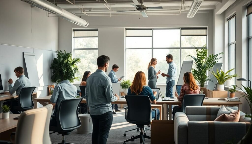 A tranquil, well-lit office space with a diverse team of professionals engaged in collaborative work. The foreground features a group of colleagues - some seated at desks, others gathered around a whiteboard, all maintaining respectful personal boundaries and communicating with empathy. The middle ground showcases ergonomic furniture, soothing color palettes, and discreet sensory aids that accommodate different neurotypes. In the background, natural light floods the room through large windows, casting a serene, inclusive atmosphere. The overall scene conveys a harmonious, productive workplace where every individual's needs and abilities are thoughtfully considered. A tranquil, well-lit office space with a diverse team of professionals engaged in collaborative work. The foreground features a group of colleagues - some seated at desks, others gathered around a whiteboard, all maintaining respectful personal boundaries and communicating with empathy. The middle ground showcases ergonomic furniture, soothing color palettes, and discreet sensory aids that accommodate different neurotypes. In the background, natural light floods the room through large windows, casting a serene, inclusive atmosphere. The overall scene conveys a harmonious, productive workplace where every individual's needs and abilities are thoughtfully considered.