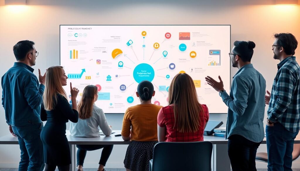 A vibrant, collaborative problem-solving framework unfolds on a sleek, minimalist workspace. In the foreground, diverse team members engage in lively discussion, gesturing with purpose as they navigate a holistic, interconnected visualization on a large digital display. The middle ground features stylized icons and infographic elements, conveying the dynamic, iterative nature of the problem-solving process. The background bathes the scene in warm, diffused lighting, creating an atmosphere of focus, creativity, and collective intelligence. The overall composition reflects the synergy and innovation that emerges when teams approach challenges with an open, adaptive mindset. A vibrant, collaborative problem-solving framework unfolds on a sleek, minimalist workspace. In the foreground, diverse team members engage in lively discussion, gesturing with purpose as they navigate a holistic, interconnected visualization on a large digital display. The middle ground features stylized icons and infographic elements, conveying the dynamic, iterative nature of the problem-solving process. The background bathes the scene in warm, diffused lighting, creating an atmosphere of focus, creativity, and collective intelligence. The overall composition reflects the synergy and innovation that emerges when teams approach challenges with an open, adaptive mindset.