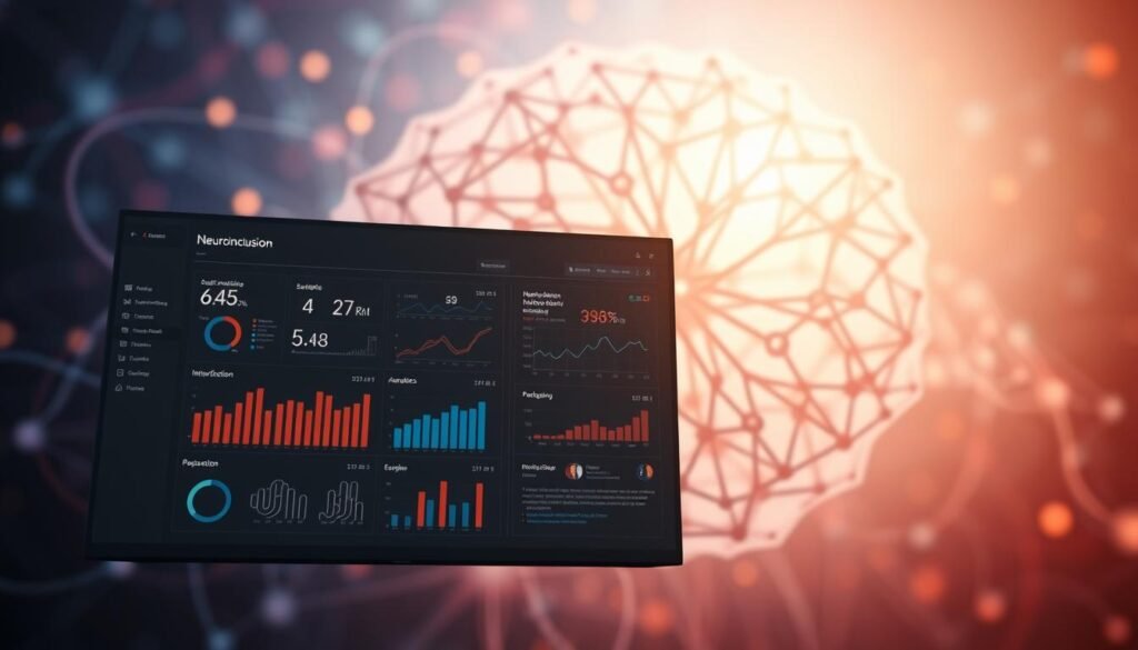 A vibrant data visualization showcasing neuroinclusion metrics, presented against a backdrop of a stylized neural network. The foreground features a sleek, minimalist dashboard displaying key performance indicators, visual analytics, and interactive graphs in a clean, modern interface. The middle ground depicts a fluid, interconnected mesh of nodes and synapses, representing the complex neural pathways that underpin inclusive organizational dynamics. The background subtly fades into a soft, soothing gradient, evoking a sense of balance, harmony, and the foundational nature of lasting neuroinclusive change. Soft, directional lighting casts a contemplative glow, while the camera angle offers a slightly elevated, immersive perspective to engage the viewer. A vibrant data visualization showcasing neuroinclusion metrics, presented against a backdrop of a stylized neural network. The foreground features a sleek, minimalist dashboard displaying key performance indicators, visual analytics, and interactive graphs in a clean, modern interface. The middle ground depicts a fluid, interconnected mesh of nodes and synapses, representing the complex neural pathways that underpin inclusive organizational dynamics. The background subtly fades into a soft, soothing gradient, evoking a sense of balance, harmony, and the foundational nature of lasting neuroinclusive change. Soft, directional lighting casts a contemplative glow, while the camera angle offers a slightly elevated, immersive perspective to engage the viewer.