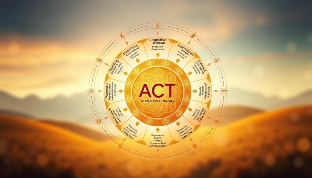 A vibrant, detailed illustration of the Acceptance and Commitment Therapy (ACT) cognitive skills framework. In the foreground, a central mandala-like diagram depicting the core ACT processes: acceptance, cognitive defusion, being present, self-as-context, values, and committed action. The diagram is rendered in a warm, earthy color palette, with delicate line work and subtle textures. In the middle ground, supporting visuals such as abstract shapes, nature motifs, and symbolic icons illustrate the interconnected, experiential nature of the ACT approach. The background features a softly blurred, atmospheric landscape with hints of natural elements, evoking a sense of mindfulness and psychological flexibility. The overall mood is contemplative, inviting the viewer to engage with the conceptual framework in a holistic, experiential manner. A vibrant, detailed illustration of the Acceptance and Commitment Therapy (ACT) cognitive skills framework. In the foreground, a central mandala-like diagram depicting the core ACT processes: acceptance, cognitive defusion, being present, self-as-context, values, and committed action. The diagram is rendered in a warm, earthy color palette, with delicate line work and subtle textures. In the middle ground, supporting visuals such as abstract shapes, nature motifs, and symbolic icons illustrate the interconnected, experiential nature of the ACT approach. The background features a softly blurred, atmospheric landscape with hints of natural elements, evoking a sense of mindfulness and psychological flexibility. The overall mood is contemplative, inviting the viewer to engage with the conceptual framework in a holistic, experiential manner.