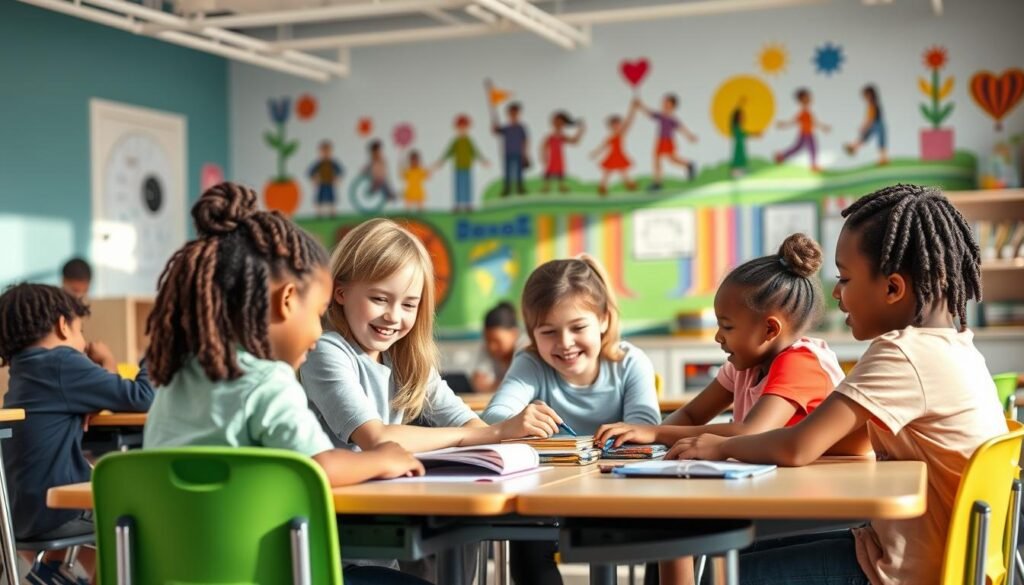 A vibrant, inclusive classroom setting showcasing diverse students of all abilities engaged in collaborative learning. Soft, natural lighting illuminates the scene, creating a warm, welcoming atmosphere. In the foreground, a group of students with varying physical and cognitive needs work together on a shared project, their faces radiating joy and understanding. The middle ground features an accessible learning station with adjustable desks and assistive technologies, catering to the unique needs of each student. In the background, a colorful mural depicting symbols of unity and accessibility serves as an inspiring backdrop, reinforcing the foundation of inclusive education.