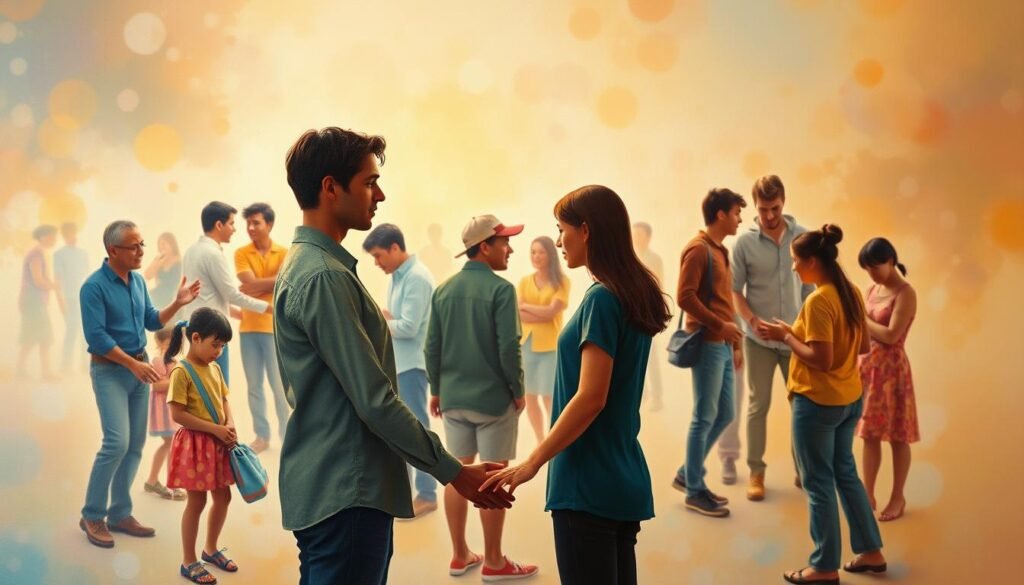 A vibrant painting depicting the intricacies of human connection and psychological wellbeing. In the foreground, two figures stand face to face, their hands gently touching, conveying a sense of intimacy and understanding. The middle ground features a diverse group of people engaged in various interactions, some playful, others pensive, all representing the tapestry of interpersonal relationships. The background is softly blurred, creating a dreamlike atmosphere, with hints of warm, diffused lighting casting a soothing glow over the scene. The overall composition evokes a sense of harmony, emotional depth, and the profound importance of human connection in our lives.