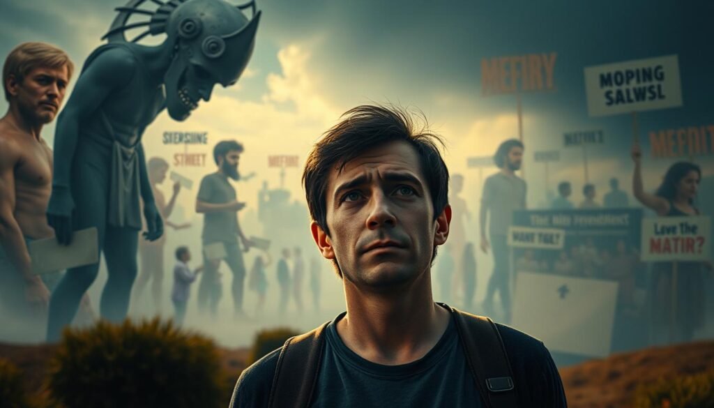 A vibrant scene depicting common misconceptions about emotional resilience. In the foreground, a person appears weary, their expression clouded by confusion and doubt. Surrounding them, distorted images of stoicism, independence, and perfection loom, creating an atmosphere of pressure and unrealistic expectations. The middle ground features a jumble of coping mechanisms and self-improvement mantras, all vying for attention. In the hazy background, a landscape of societal norms and cultural narratives blurs, suggesting the complex contexts that shape our understanding of resilience. The lighting is dramatic, casting shadows and highlighting the tensions within this emotional landscape. Captured through a cinematic lens, this image challenges the simplistic notions of resilience, inviting a deeper reflection on the nuances of this essential human quality. A vibrant scene depicting common misconceptions about emotional resilience. In the foreground, a person appears weary, their expression clouded by confusion and doubt. Surrounding them, distorted images of stoicism, independence, and perfection loom, creating an atmosphere of pressure and unrealistic expectations. The middle ground features a jumble of coping mechanisms and self-improvement mantras, all vying for attention. In the hazy background, a landscape of societal norms and cultural narratives blurs, suggesting the complex contexts that shape our understanding of resilience. The lighting is dramatic, casting shadows and highlighting the tensions within this emotional landscape. Captured through a cinematic lens, this image challenges the simplistic notions of resilience, inviting a deeper reflection on the nuances of this essential human quality.