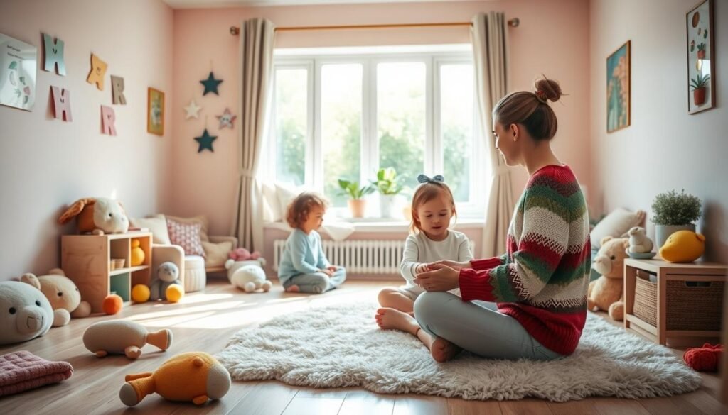 A warm, inviting child's therapy room with pastel walls and plush toys scattered throughout. A cozy window seat overlooking a serene garden. In the foreground, a therapist in a colorful sweater sits cross-legged on a fluffy rug, engaging a young patient in play-based counseling. Soft, natural lighting filters in, creating a soothing ambiance. The room exudes an atmosphere of safety, comfort, and understanding - a nurturing space for a child's emotional well-being.
