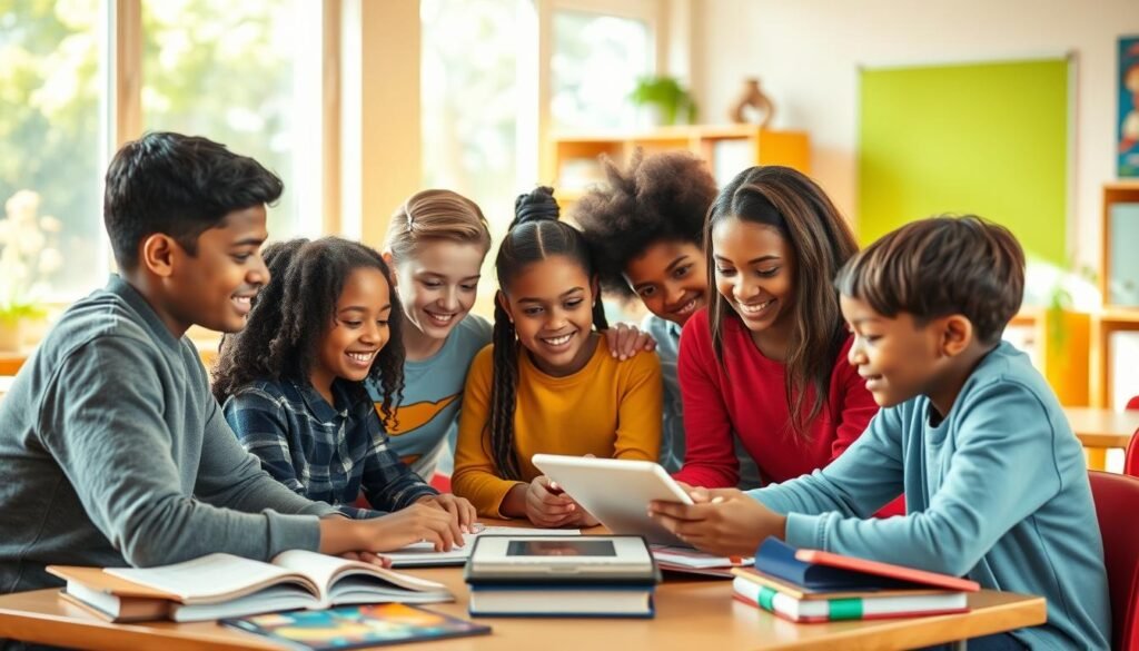 A warm, inviting classroom setting with students of diverse backgrounds collaborating on a group project. The foreground features an inclusive group of students, each with unique characteristics, working together on a shared task. The middle ground showcases an array of educational resources, such as books, tablets, and learning materials, symbolizing the inclusive nature of the learning environment. The background depicts a vibrant, sunlit room with large windows, creating a sense of openness and connection to the outside world. The overall atmosphere conveys a welcoming, engaging, and empowering educational experience that celebrates diversity and fosters mutual understanding. A warm, inviting classroom setting with students of diverse backgrounds collaborating on a group project. The foreground features an inclusive group of students, each with unique characteristics, working together on a shared task. The middle ground showcases an array of educational resources, such as books, tablets, and learning materials, symbolizing the inclusive nature of the learning environment. The background depicts a vibrant, sunlit room with large windows, creating a sense of openness and connection to the outside world. The overall atmosphere conveys a welcoming, engaging, and empowering educational experience that celebrates diversity and fosters mutual understanding.