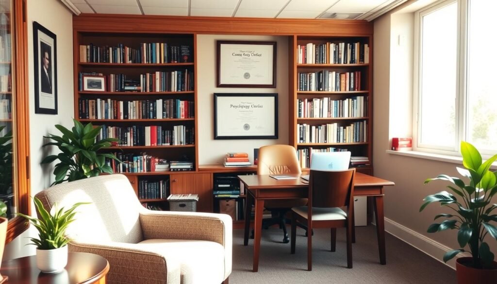 A warm, inviting counseling office with large windows letting in natural light. In the foreground, a cozy armchair and a side table with a potted plant. In the middle ground, a wooden desk with a laptop and a few framed degrees on the wall behind it. In the background, bookshelves filled with various psychology and self-help books, creating a sense of knowledge and expertise. The overall atmosphere is calm, professional, and conducive to open and honest conversations. A warm, inviting counseling office with large windows letting in natural light. In the foreground, a cozy armchair and a side table with a potted plant. In the middle ground, a wooden desk with a laptop and a few framed degrees on the wall behind it. In the background, bookshelves filled with various psychology and self-help books, creating a sense of knowledge and expertise. The overall atmosphere is calm, professional, and conducive to open and honest conversations.