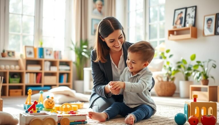 A warm, inviting living room with natural light streaming through large windows. In the foreground, a parent sits on the couch, engaged in playful interaction with a child. The parent's face radiates patience, empathy, and genuine connection. In the middle ground, educational toys, books, and a soothing color palette create a nurturing environment. The background features family photographs and plants, suggesting a sense of security and unconditional love. The overall scene conveys the essence of positive parenting techniques - attentive, understanding, and focused on the child's unique needs and development.