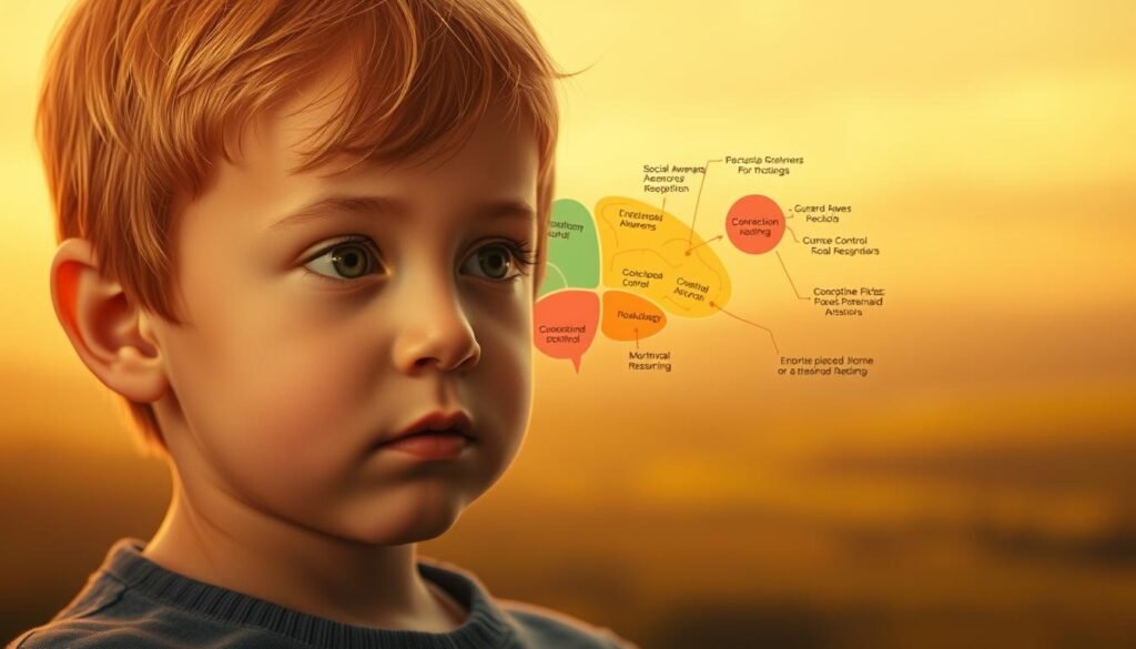 A warm-toned, photorealistic illustration of a young child's cognitive development, showcasing the underlying psychology of childhood deception. In the foreground, the child's facial expression conveys a contemplative, introspective mood, hinting at the complex thought processes behind their lies. The middle ground features a cognitive map, with color-coded sections representing different factors influencing the child's decision to lie, such as social awareness, impulse control, and moral reasoning. The background depicts a softly blurred, dreamlike landscape, evoking the inner world of the child's developing mind. Warm lighting casts a gentle glow, creating a serene, thoughtful atmosphere. The composition is balanced, drawing the viewer's attention to the core subject of the image. A warm-toned, photorealistic illustration of a young child's cognitive development, showcasing the underlying psychology of childhood deception. In the foreground, the child's facial expression conveys a contemplative, introspective mood, hinting at the complex thought processes behind their lies. The middle ground features a cognitive map, with color-coded sections representing different factors influencing the child's decision to lie, such as social awareness, impulse control, and moral reasoning. The background depicts a softly blurred, dreamlike landscape, evoking the inner world of the child's developing mind. Warm lighting casts a gentle glow, creating a serene, thoughtful atmosphere. The composition is balanced, drawing the viewer's attention to the core subject of the image.