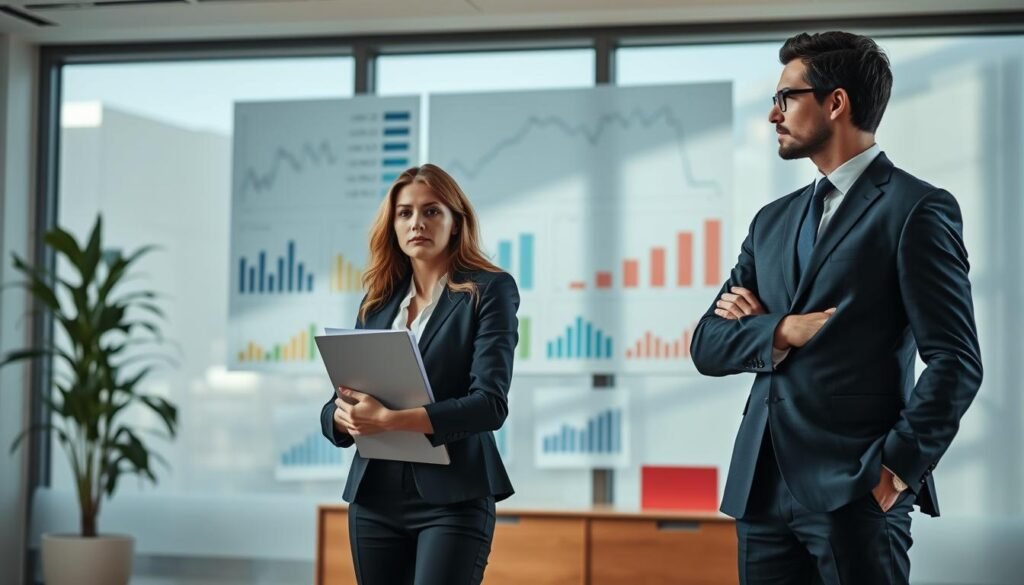 A well-lit, high-resolution scene depicting the contrasting investment fears of men and women. In the foreground, a woman in a business suit looks apprehensive, clutching a portfolio, while a confident man in a suit stands beside her, hands in his pockets. In the middle ground, a variety of financial charts and graphs are displayed, representing the complexities of investing. The background is a modern, minimalist office space, with large windows casting soft, natural light. The scene conveys a sense of gender-based differences in risk tolerance and financial decision-making, set against the backdrop of the investment landscape.