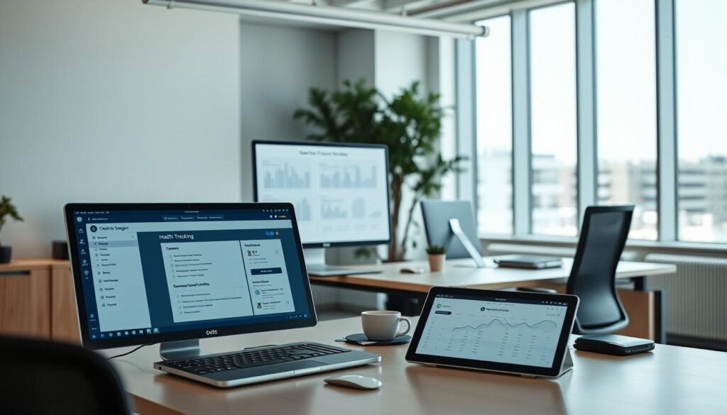 A well-organized office space with a sleek, modern aesthetic. In the foreground, a desktop computer displays a user interface for symptom documentation and health tracking, its clean lines and intuitive design inviting interaction. Nearby, a tablet rests, open to a comprehensive dashboard monitoring employee wellness metrics. The middle ground features a minimalist desk with ergonomic accessories, suggesting a thoughtful, employee-centric workspace. In the background, floor-to-ceiling windows flood the room with natural light, creating a sense of openness and tranquility. The overall scene conveys a harmonious balance between technology, function, and well-being - a workplace that prioritizes the health and productivity of its occupants. A well-organized office space with a sleek, modern aesthetic. In the foreground, a desktop computer displays a user interface for symptom documentation and health tracking, its clean lines and intuitive design inviting interaction. Nearby, a tablet rests, open to a comprehensive dashboard monitoring employee wellness metrics. The middle ground features a minimalist desk with ergonomic accessories, suggesting a thoughtful, employee-centric workspace. In the background, floor-to-ceiling windows flood the room with natural light, creating a sense of openness and tranquility. The overall scene conveys a harmonious balance between technology, function, and well-being - a workplace that prioritizes the health and productivity of its occupants.
