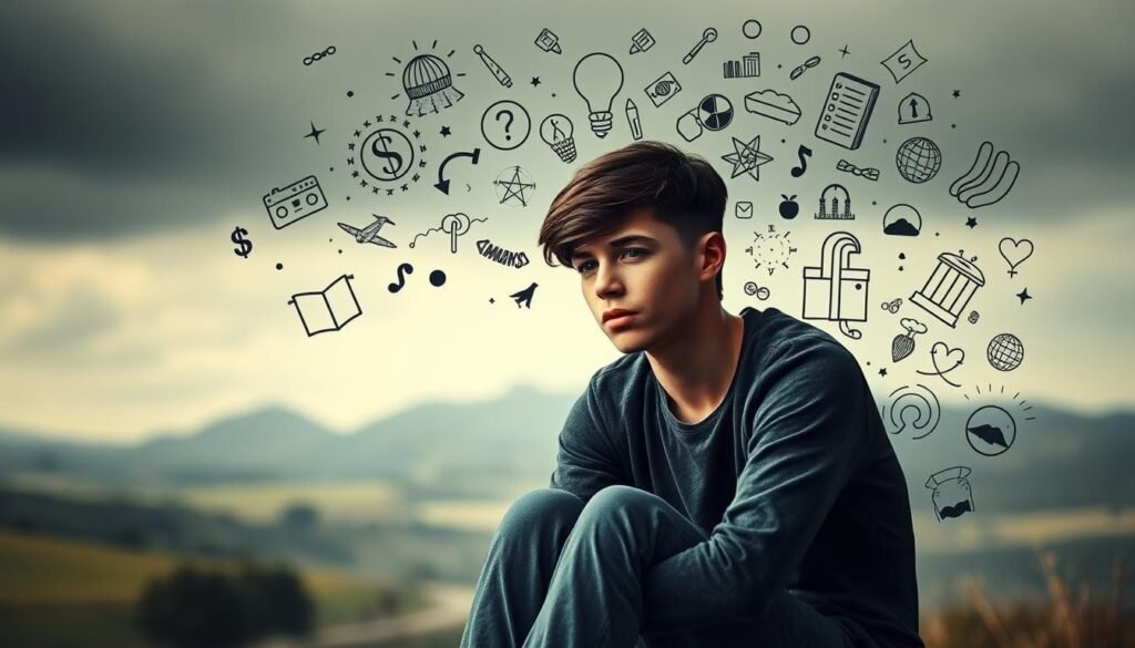 A young person sits alone, their face etched with a pensive expression, surrounded by a swirl of abstract shapes and symbols representing the complex emotions of money trauma. Soft, muted lighting casts a somber tone, while the figure's posture suggests a sense of introspection and vulnerability. In the background, a blurred, dreamlike landscape hints at the lingering influence of childhood experiences on the individual's current financial mindset. The composition conveys a sense of quiet contemplation, inviting the viewer to reflect on the deeply personal nature of money-related emotional wounds. A young person sits alone, their face etched with a pensive expression, surrounded by a swirl of abstract shapes and symbols representing the complex emotions of money trauma. Soft, muted lighting casts a somber tone, while the figure's posture suggests a sense of introspection and vulnerability. In the background, a blurred, dreamlike landscape hints at the lingering influence of childhood experiences on the individual's current financial mindset. The composition conveys a sense of quiet contemplation, inviting the viewer to reflect on the deeply personal nature of money-related emotional wounds.