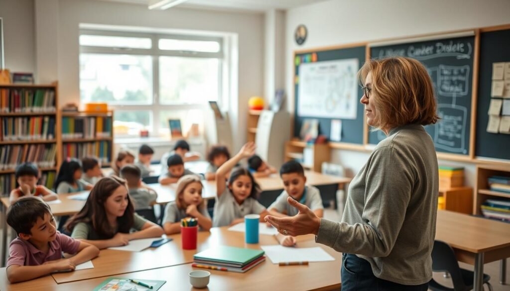 An educational setting with students working diligently, surrounded by shelves of books, colorful learning aids, and a chalkboard displaying diagrams. Soft, natural lighting filters through large windows, creating a warm, inviting atmosphere. In the foreground, a teacher gestures expressively, engaged in a lesson. The middle ground features diverse students of varying ages and abilities, some collaborating at tables, others raising their hands eagerly. The background showcases a vibrant, stimulating environment that fosters intellectual growth and development.
